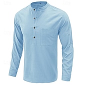 cheap Business Casual-Men&#039;s Shirt Linen Shirt Chinese Collar Shirt Mandarin Collar Shirt Popover Shirt Casual Shirt Plain Vacation Hawaiian Black White Navy Blue Green Long Sleeve Band Collar Spring &amp;  Fall Clothing