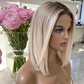 baratos Perucas de seda frontais de cabelo natural-Cabelo humano remy 13x4 Lace Front Peruca Bob curto Cabelo Brasileiro Liso Multi Cores Peruca 130% 150% Densidade do Cabelo com o cabelo do bebê Cabelo Ombre 100% Virgem Pré-depenado Para Feminino