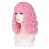 cheap Older Wigs-Curly Wavy Short Bob Wig With Bangs For Girls Women Daily Use Shoulder Length Side Part Synthetic Hair Replacement Wigs Natural Looking 12 inch
