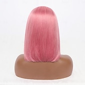 billige Parykker med blondefront, naturlig hår-Pink# Human Hair Wig 13*4 Short BOBO Lace Wig Straight Human Hair 150% Density