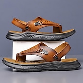 cheap Vacation Sandals-Men&#039;s Leather Sandals Slippers &amp; Flip-Flops Retro Walking Casual Daily Vacation Beach Comfortable Slip-on Shoes Yellow Gray