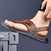 cheap Vacation Sandals-Men&#039;s Leather Sandals Slippers &amp; Flip-Flops Retro Walking Casual Daily Vacation Beach Comfortable Slip-on Shoes Yellow Gray