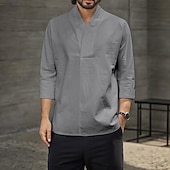 economico Casual da lavoro-Per uomo Camicia Camicia in lino e cotone Camicia in cotone bianco Maglietta informale Liscio Hawaiano Per eventi Nero Bianco Giallo Blu marino Maniche a 3/4 A V Primavera estate Abbigliamento