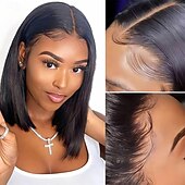baratos Perucas de seda frontais de cabelo natural-Bob peruca de cabelo humano 13x4 hd peruca dianteira do laço 150 densidade sem cola pré arrancado com cabelo do bebê curto bob perucas para mulher