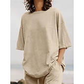 cheap Sets-Women&#039;s Cotton Linen Sets Two Piece Sets Basic Pure Color Pocket Elastic Waist T Shirt Pant Street Daily Long Sleeve Crew Neck Black White Navy Blue Light Brown Blue Summer Spring
