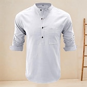 cheap Business Casual-Men&#039;s Shirt Linen Shirt Chinese Collar Shirt Mandarin Collar Shirt Popover Shirt Casual Shirt Plain Vacation Hawaiian Black White Navy Blue Green Long Sleeve Band Collar Spring &amp;  Fall Clothing