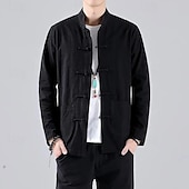 economico Casual da lavoro-Per uomo Camicia Camicia di lino Camicia con colletto cinese Camicia con colletto alla coreana Camicia casual Camicia di cotone Semplice Vacanza Camicia hawaiana Nero Bianco Blu marino Beige Manica