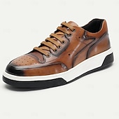 cheap Premium Leather Sneakers-Men&#039;s Dress Sneakers Leather Italian Full-Grain Cowhide Slip Resistant Lace-up Yellow-Brown
