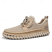 cheap Casual Lace-Up Shoes-Men's Beige Knit Casual Sneakers, Lightweight Lace-Up Comfort Walking Shoes for Daily Wear, Travel, Weekend Leisure and Smart Casual Outfits