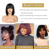 baratos Perucas capless de cabelo natural-Cabelo humano remy Peruca Curto Liso Liso Seda Prumo Bob curto Franja Lisa Com Franjas Cor natural Macio Vestir fácil Melhor qualidade Fabrico à Máquina Cabelo Brasileiro Mulheres Preto 10 polegadas