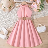 cheap Casual Dresses-Kids Girls&#039; Dress Solid Color Halter Neck Dress Above Knee Dress School Halter Off Shoulder Sleeveless Fashion Dress 7-13 Years Summer Light Green