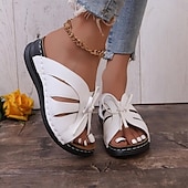 abordables Sandales femme-Sandales blanches confortables à bout ouvert pour femmes avec design découpé et nœud papillon, chaussures plates décontractées à semelle souple pour la marche estivale et le port quotidien