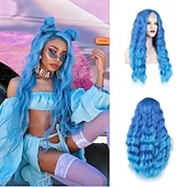 abordables Perruques de carnaval-auburn blonde violet vert bleu perruque longues perruques ondulées pour les femmes partie centrale cosplay perruque longue perruques synthétiques bouclées perruques violettes pour les femmes