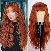 economico Parrucche trendy sintetiche-Parrucca ramata con frangia parrucche morbide e ondulate lunghe per le donne parrucca sintetica riccia sostitutiva per costumi di Halloween parrucche per feste cosplay