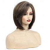 voordelige oudere pruik-pruik natuurlijk golvend asymmetrisch met pony pruik kort lichtbruin synthetisch haar dames klassiek lichtbruin korte bob pruiken met highlights natuurlijk ogende pruiken