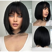 economico Parrucche trendy sintetiche-parrucca marrone scuro castano scuro biondo castano ramato con frangia parrucche naturali corte e diritte per le donne parrucche sintetiche lunghe fino alle spalle per il cosplay quotidiano