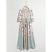 abordables Robes de fête-Robe longue en satin vert à fleurs, col en V, manches bouffantes, pour invités de fête/mariage, pour impressionner 2024