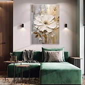 billiga Blom- och växtmålningar-handmålad texturerat guld blomma oljemålning väggkonst abstrakt vit blomma målning på duk minimalistisk modern blommig oljemålning för vardagsrum målning elegant väggdekor fancy väggkonst