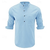 cheap Business Casual-Men&#039;s Shirt Linen Shirt Chinese Collar Shirt Mandarin Collar Shirt Popover Shirt Casual Shirt Plain Vacation Hawaiian Black White Navy Blue Green Long Sleeve Band Collar Spring &amp;  Fall Clothing