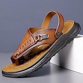 cheap Vacation Sandals-Men&#039;s Leather Sandals Slippers &amp; Flip-Flops Retro Walking Casual Daily Vacation Beach Comfortable Slip-on Shoes Yellow Gray