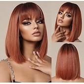 economico Parrucche trendy sintetiche-parrucca marrone scuro castano scuro biondo castano ramato con frangia parrucche naturali corte e diritte per le donne parrucche sintetiche lunghe fino alle spalle per il cosplay quotidiano
