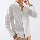 economico Casual da lavoro-Per uomo Camicia in cotone e lino Camicia con colletto cinese Camicia con colletto alla coreana Semplice Vacanza Nero Bianco Verde militare Manica Lunga Colletto alla coreana Abbigliamento Tasca
