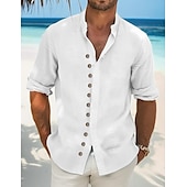 economico Vacanza-Per uomo Camicia camicia di lino Camicia estiva Abbigliamento mare Maglietta informale Camicia con bottoni Liscio Da mare Curise Nero Bianco Verde chiaro Rosa Manica lunga Colletto alla coreana