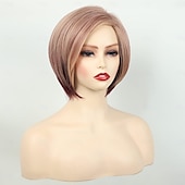 billige eldre parykk-sidedel korte lag bob parykker for hvite kvinner blond blandet brun søt rett nisse bob parykk invertert bob parykk syntetisk halloween cosplay hår erstatning parykk