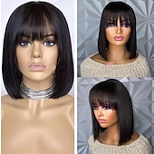 baratos Perucas capless de cabelo natural-Cabelo humano remy Peruca Curto Liso Liso Seda Prumo Bob curto Franja Lisa Com Franjas Cor natural Macio Vestir fácil Melhor qualidade Fabrico à Máquina Cabelo Brasileiro Mulheres Preto 10 polegadas