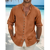 economico Vacanza-Per uomo Camicia camicia di lino Camicia estiva Abbigliamento mare Maglietta informale Camicia con bottoni Liscio Da mare Curise Nero Bianco Verde chiaro Rosa Manica lunga Colletto alla coreana