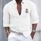 economico Vacanza-Per uomo Camicia Camicia in lino e cotone Camicia in cotone bianco Maglietta informale Ancora Informale Giornaliero Nero Bianco Rosa Grigio Manica lunga Collo ripiegabile Estate Abbigliamento