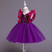 levne Párty šaty-Děti Dívčí Šaty Šaty na párty Pevná barva Flitry Květiny Krátký rukáv Svatební Zvláštní příležitosti Krásná Sladký Polyester Síťka Midi Léto Jaro Podzim 4-13 let Žlutá Světlá růžová Fialová