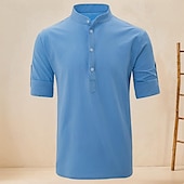 economico Casual da lavoro-Per uomo Camicia camicia di lino Camicia in lino e cotone Camicia in cotone bianco Camicia con colletto cinese Camicia con colletto alla coreana Liscio Da mare Strada Nero Bianco Blu marino Blu