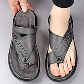 cheap Vacation Sandals-Men&#039;s Leather Sandals Slippers &amp; Flip-Flops Retro Walking Casual Daily Vacation Beach Comfortable Slip-on Shoes Yellow Gray