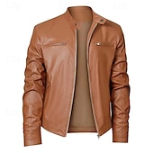 cheap Faux Leather Jackets-Male Faux Leather Jacket Transition Jacket Biker Jacket Casual Daily Travel Pocket All Seasons Solid / Plain Color Leisure Sweet Standing Collar Regular Black Royal Blue Brown Khaki Jacket