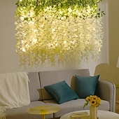economico Striscie luci a batteria-elegante ricevimento di nozze festa 12 pezzi fiori pendenti di glicine bianco con lucine a led, ghirlanda di glicine artificiale appesa per decorazioni murali di sfondo per feste di nozze