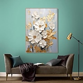 billiga Blom- och växtmålningar-handmålad texturerat guld blomma oljemålning väggkonst abstrakt vit blomma målning på duk minimalistisk modern blommig oljemålning för vardagsrum målning elegant väggdekor fancy väggkonst