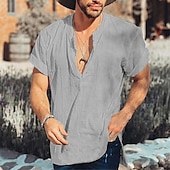 voordelige Straat-Voor heren Overhemd Linnen overhemd Normaal shirt Strand hemd Effen Vakantie Straat Zwart Wit Grijs Korte mouw Band Kraag Zomer Kleding Button-omlaag