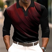 billiga Geometrisk pikétröja för män-Herr Geometrisk Pikétröjor Golftröja Långärmad Polotröjor Skjortor med krage Business Casual Arbetskläder Högtidskläder Festivalkläder Knappar 3D-utskrift Höst vinter Vit Vin Blå