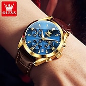 Χαμηλού Κόστους Ρολόγια Quartz-OLEVS Ανδρικό Ρολόι Κουρδιστό Μόδας Καθημερινής Χρήσης Φάση Σελήνης Λαμπερό Ημερολόγιο Χρονογράφος Ρολόι Δερμάτινο Λουράκι