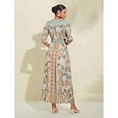 abordables Robes de fête-Robe longue en satin vert à fleurs, col en V, manches bouffantes, pour invités de fête/mariage, pour impressionner 2024