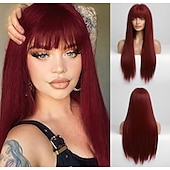economico Parrucche trendy sintetiche-marrone marrone chiaro vino rosso nero biondo lunghe parrucche per le donne lunga parrucca riccia ondulata con la frangetta parrucca sintetica naturale per le donne capelli naturali resistente al