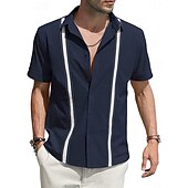 economico Casual da lavoro-Per uomo Camicia camicia di lino Maglietta informale Camicia di cotone Color Block Hawaiano Per eventi Nero Bianco Blu marino Azzurro cielo Manica lunga Bavero Primavera &amp; Autunno Abbigliamento
