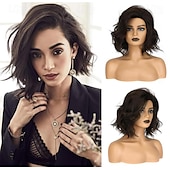 cheap Older Wigs-Curly Wavy Short Bob Wig With Bangs For Girls Women Daily Use Shoulder Length Side Part Synthetic Hair Replacement Wigs Natural Looking 12 inch