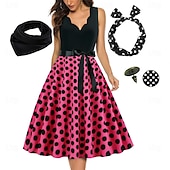 economico Outfit-Abito Rockabilly A-Line per Donne con Pois Abito Swing Abito Flare con Set di Accessori Abiti Grease anni &#039;50 Retro Vintage anni &#039;60 con Fascia per Capelli Sciarpa Orecchini per Abito da Festa