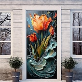 billige Dørdeksler-3d blomster dørdeksler veggmaleri dekor dør billedvev dør gardin dekorasjon bakgrunn dør banner avtakbar for inngangsdør innendørs utendørs hjemme rom dekorasjon gårdshus dekor forsyninger