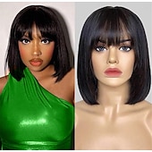 baratos Perucas capless de cabelo natural-Cabelo humano remy Peruca Curto Liso Liso Seda Prumo Bob curto Franja Lisa Com Franjas Cor natural Macio Vestir fácil Melhor qualidade Fabrico à Máquina Cabelo Brasileiro Mulheres Preto 10 polegadas