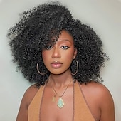 economico Parrucche di capelli veri senza cuffia-Cappelli veri Parrucca Corto Lungo Medio Afro crespo Afro Kinky Riccio Con frangia Nero Colore Naturale Natura nera Migliore qualità Molto spesso Attaccatura dei capelli naturale A macchina Senza