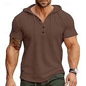 お買い得  カジュアルヘンリーTシャツ-男性用 ヘンリーシャツ ティートップ 平織り フード付き ストリート バケーション 半袖 衣類 ファッション デザイナー ベーシック