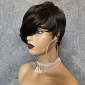 baratos Perucas capless de cabelo natural-Peruca bob cabelo humano curto corte pixie perucas para mulheres negras peruca de cabelo humano com franja peruca em camadas sem cola nenhuma peruca dianteira do laço peruca completa feita à máquina